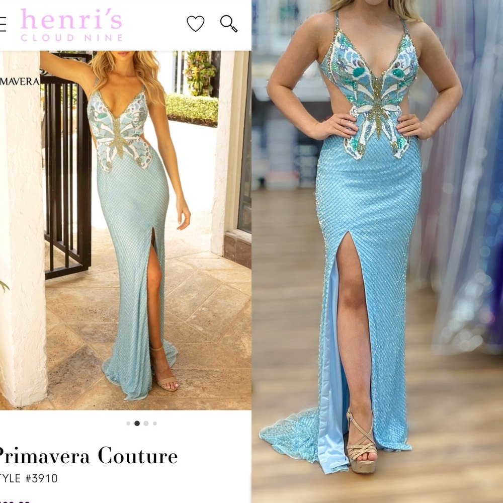 Primavera Couture Blue Embellished Slit Gown